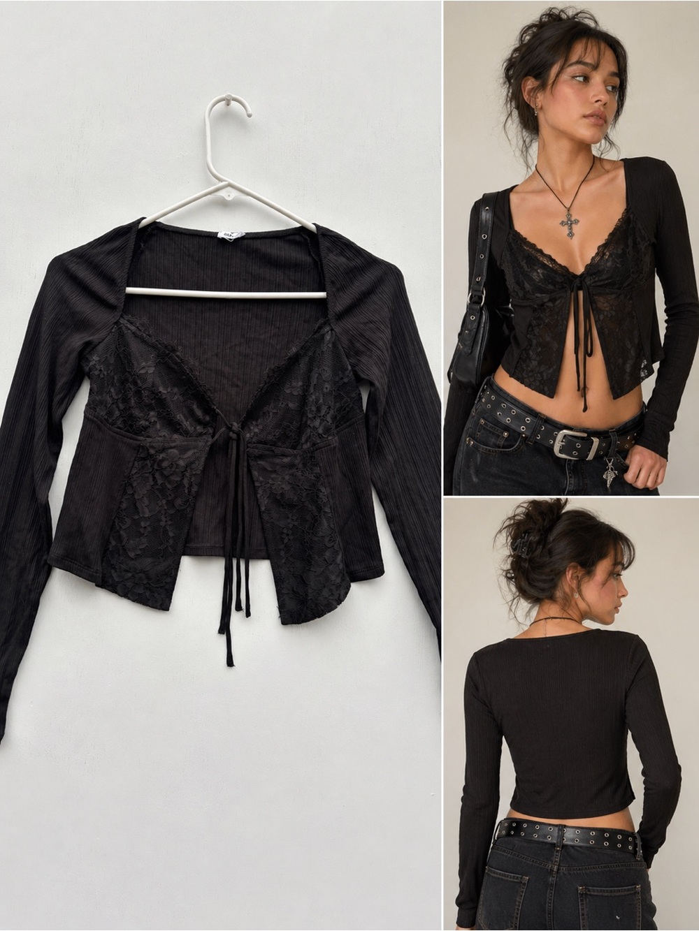 Black Lace Tie Front Top Goth Fairy Long Sleeve Coquette Crop Cardigan